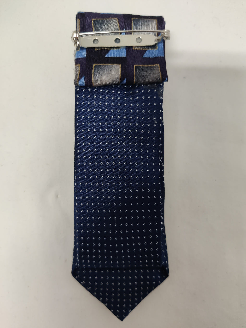 Handmade Navy Blue Geometric Tie Brooch - Pearl Heart & Oval Crystal Lapel Pin - Double Tie