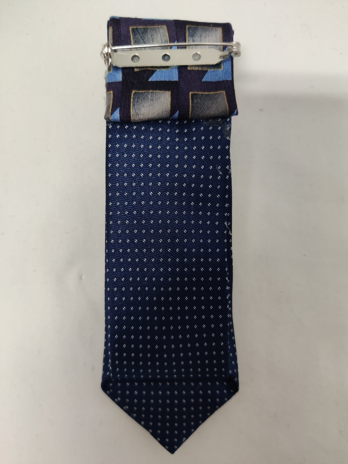 Handmade Navy Blue Geometric Tie Brooch - Pearl Heart & Oval Crystal Lapel Pin - Double Tie