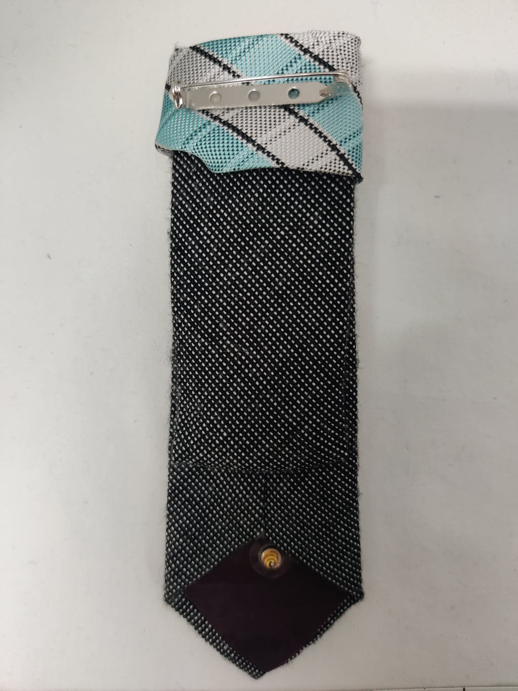 Handmade Black & Aqua Tie Brooch - Double Layer Tie Design & Turquoise Swirl Heart