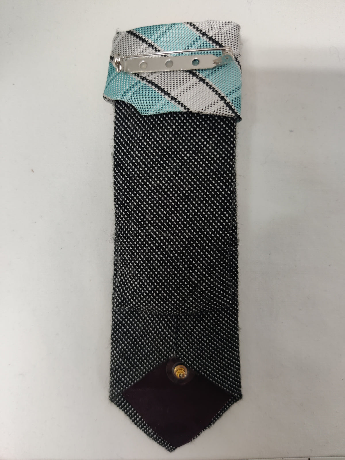 Handmade Black & Aqua Tie Brooch - Double Layer Tie Design & Turquoise Swirl Heart