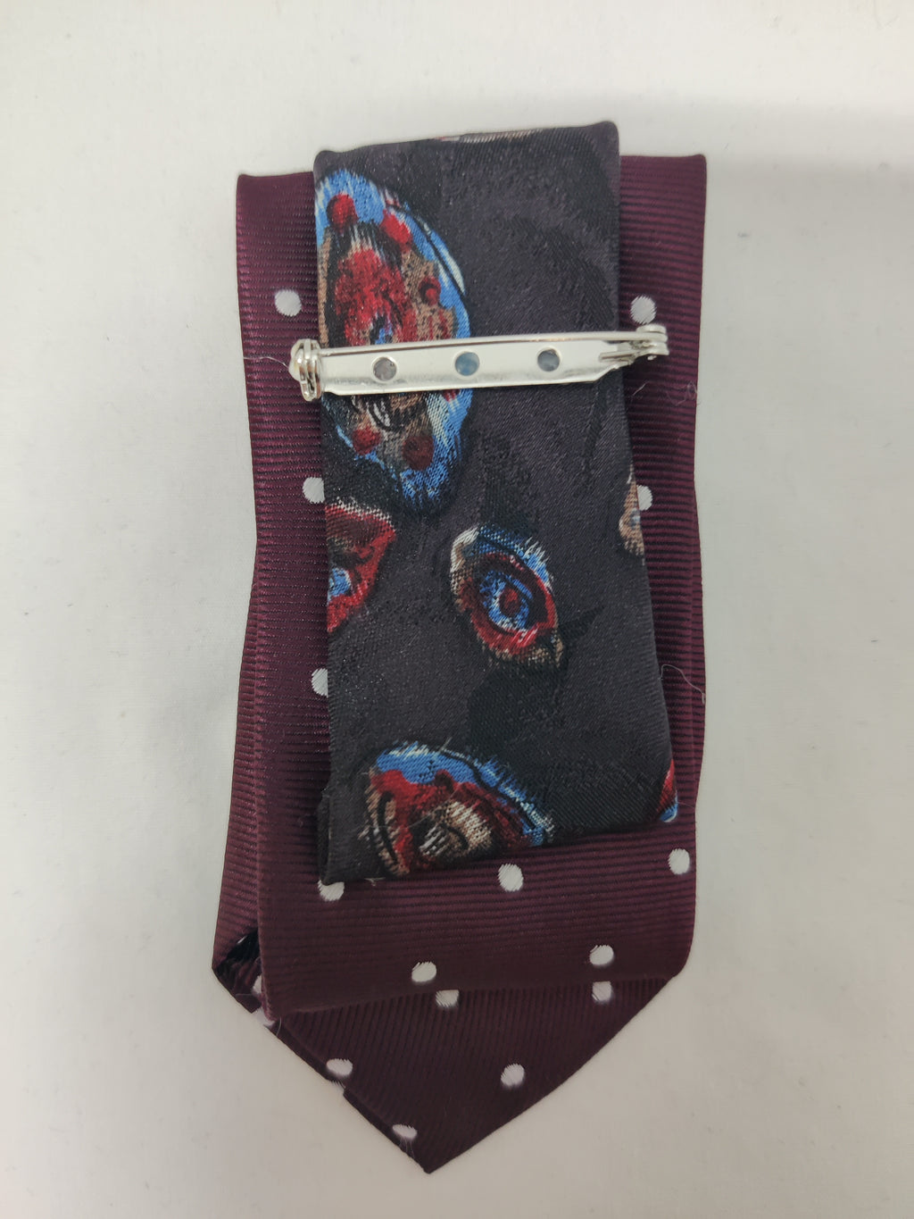 Handmade Burgundy Polka Dot Tie Brooch - Vintage Bronze Triple Flower & Red Crystal - Double Layer