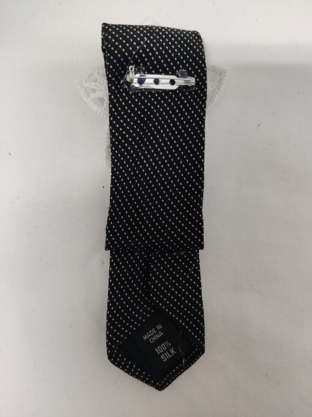 Handmade Black & Silver Tie Brooch - White Lace Flower Crystal Lapel Pin