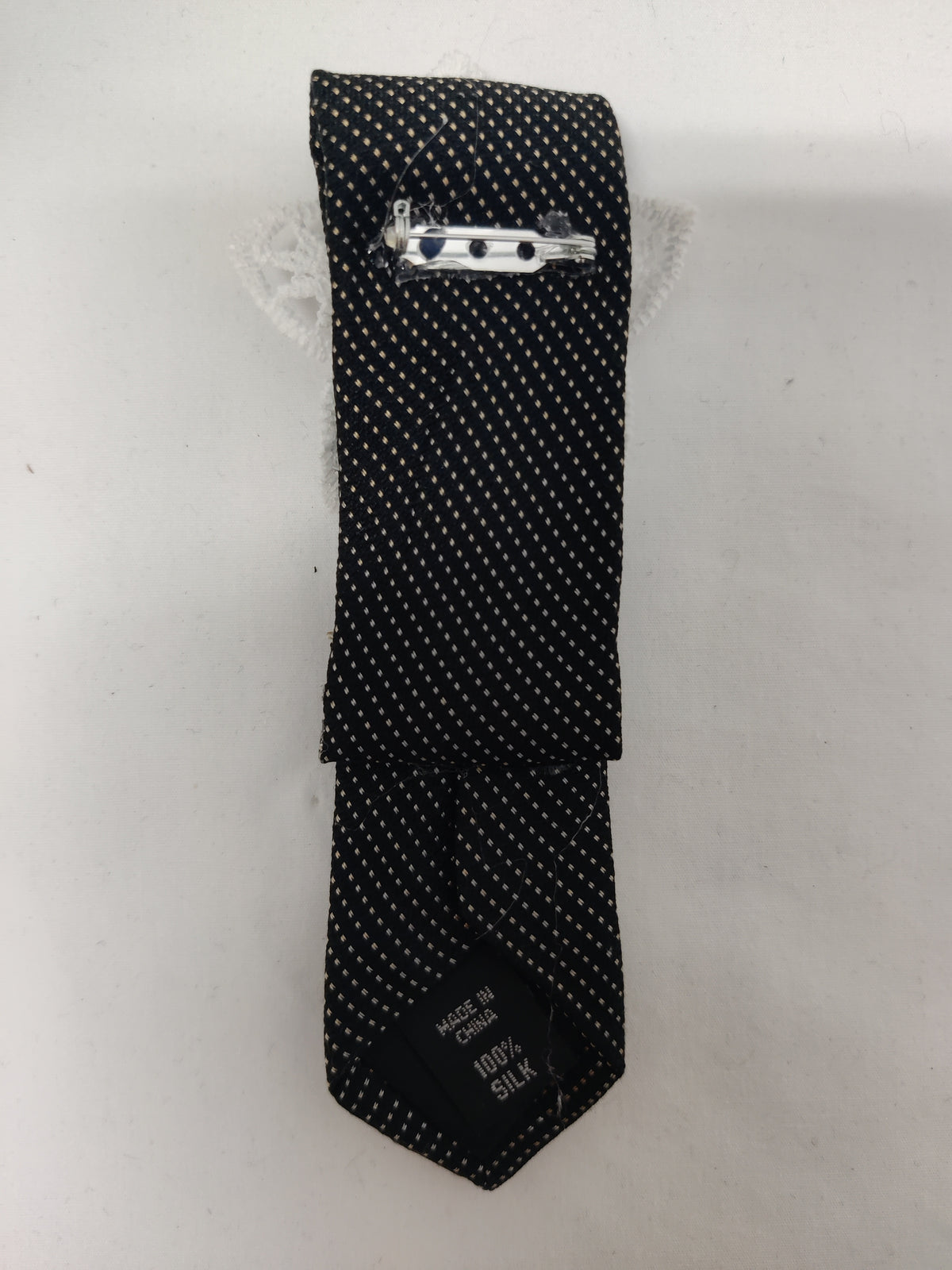 Handmade Black & Silver Tie Brooch - White Lace Flower Crystal Lapel Pin