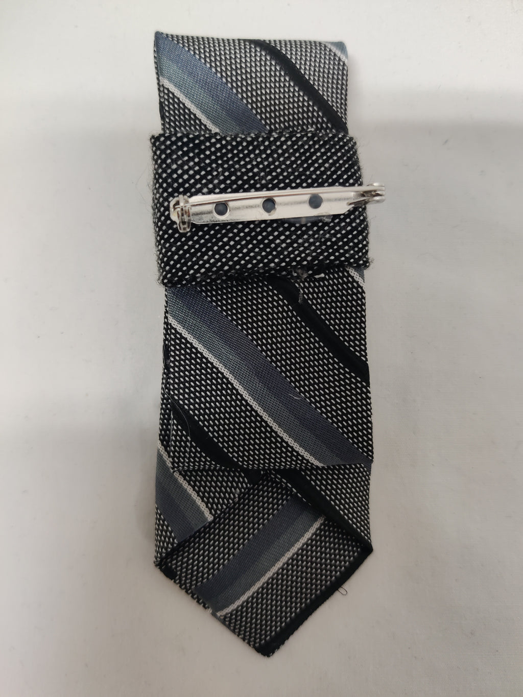 Handmade Women's Jabot Neck Tie Gray Striped Pink Butterfly Brooch